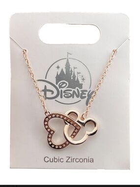 Disney Parks Mickey Mouse Heart Rose Gold Toned Cubic Zirconia Necklace - NWT